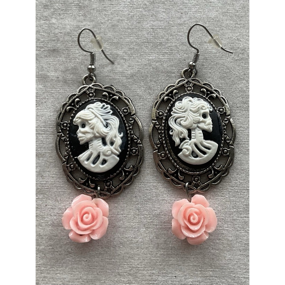 gothic dangle earrings Cream Color skeleton lady cameo Black Pink